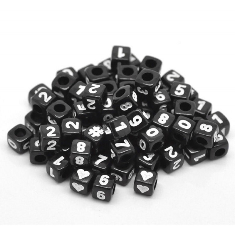 100 perles cubes noirs 6mm avec chiffres et signes dièse et coeurs blancs 