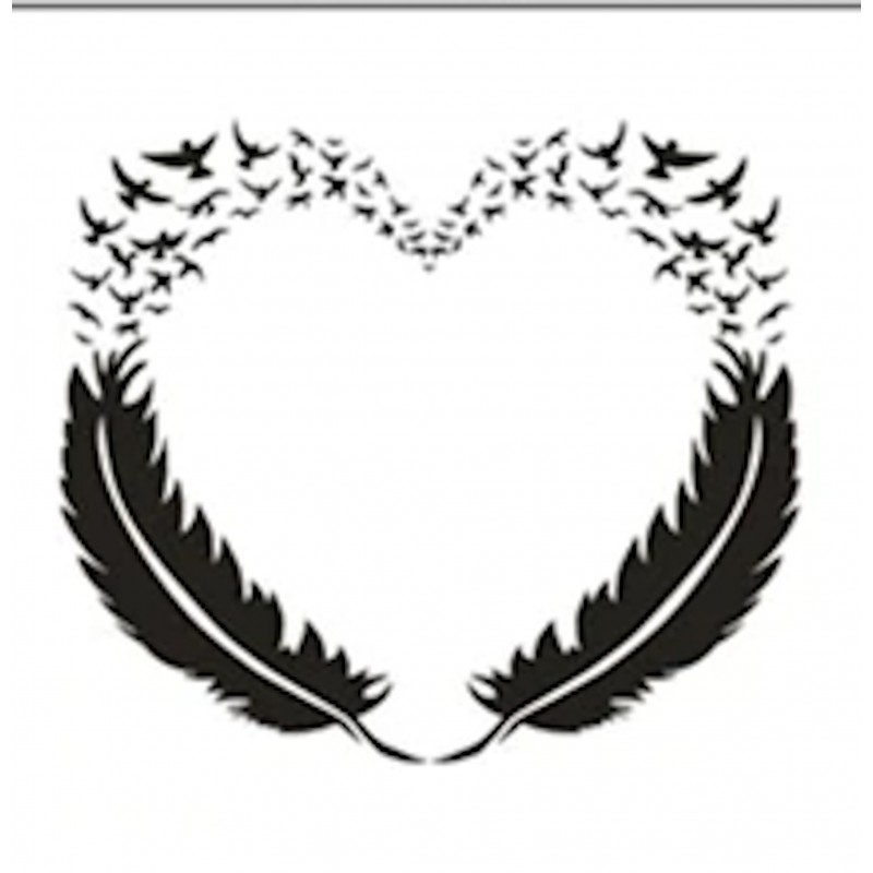 POCHOIR PLASTIQUE 13*13cm : coeur avec motif plumes et oiseaux 