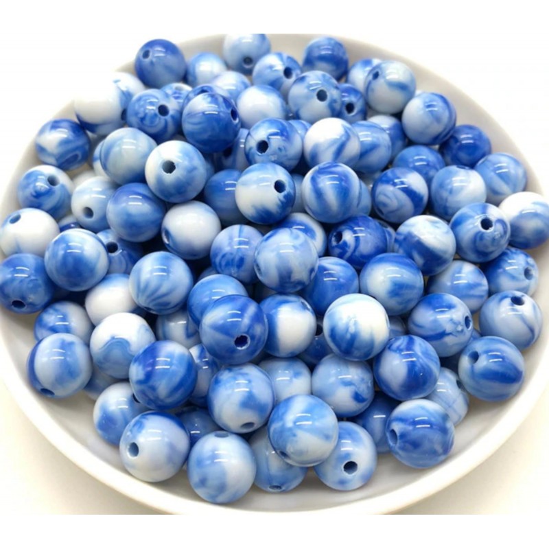 LOT 50 PERLES ACRYLIQUES : rondes marbrées bleu/blanche 6mm  