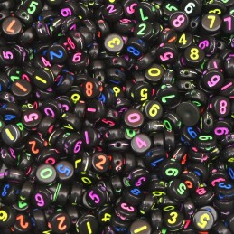 PERLES ACRYLIQUES : 100 rondes noires avec chiffres multicolores 7mm 