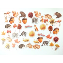 LOT DE 45 STICKERS  ( pack de 4 * 4 cm ): illustrations sur la forêt en automne  