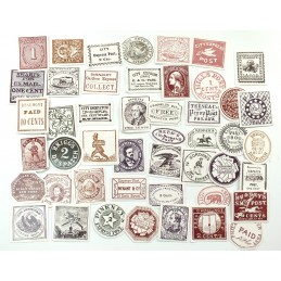 LOT DE 45 STICKERS  ( pack de 4 * 4 cm ): illustrations de tampons poste vintage americain  