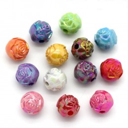 LOT 50 PERLES ACRYLIQUES :  rondes motif roses multicolores 8mm 