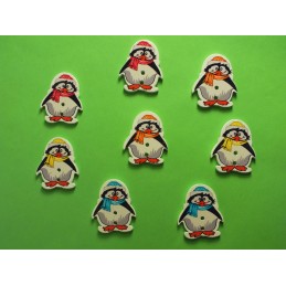  LOT 8 BOUTONS BOIS : pingouin echarpe multicolore  29*24mm 