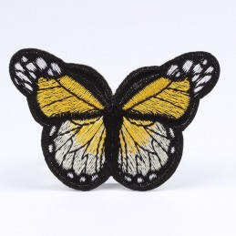 APPLIQUE TISSU THERMOCOLLANT : papillon jaune/blanc 7*4cm 