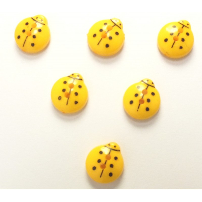 LOT 6 BOUTONS : coccinelle jaune fonçé 13mm 