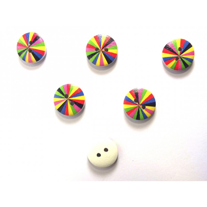 LOT 6 BOUTONS BOIS : rond motif arc en ciel 15mm (03) 