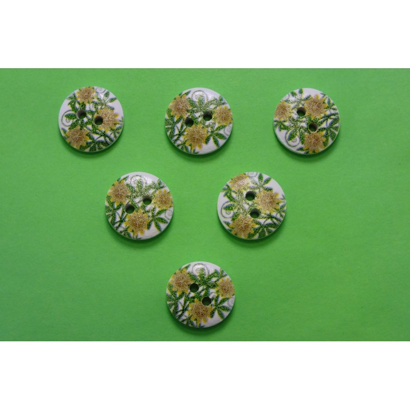 LOT 6 BOUTONS BOIS : rond motif fleur 15mm (48) 