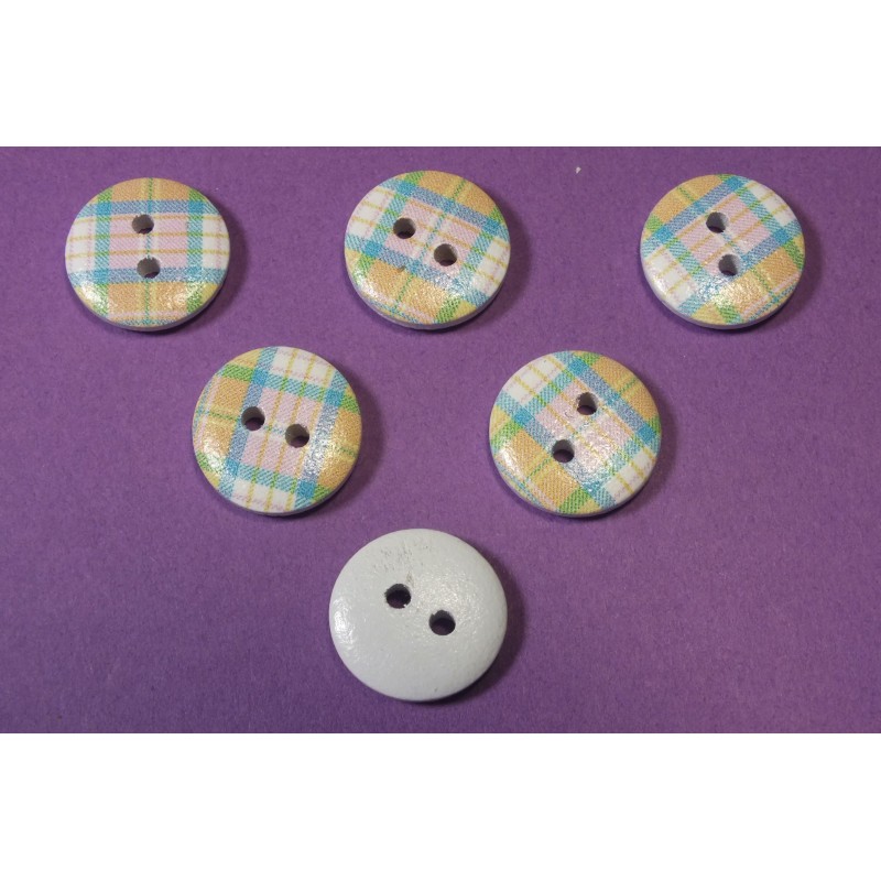 LOT 6 BOUTONS BOIS : rond motif écossais 15mm (14) 