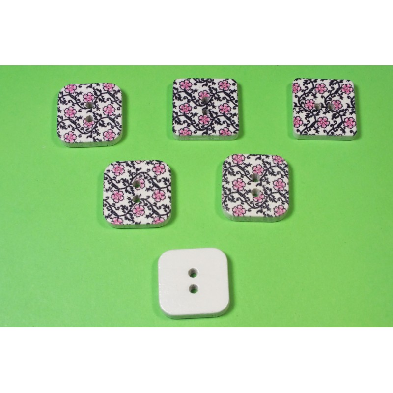 LOT 6 BOUTONS BOIS : carré motif fleur 15mm (21) 