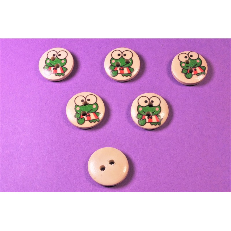 LOT 6 BOUTONS BOIS : rond motif grenouille 15mm (03) 