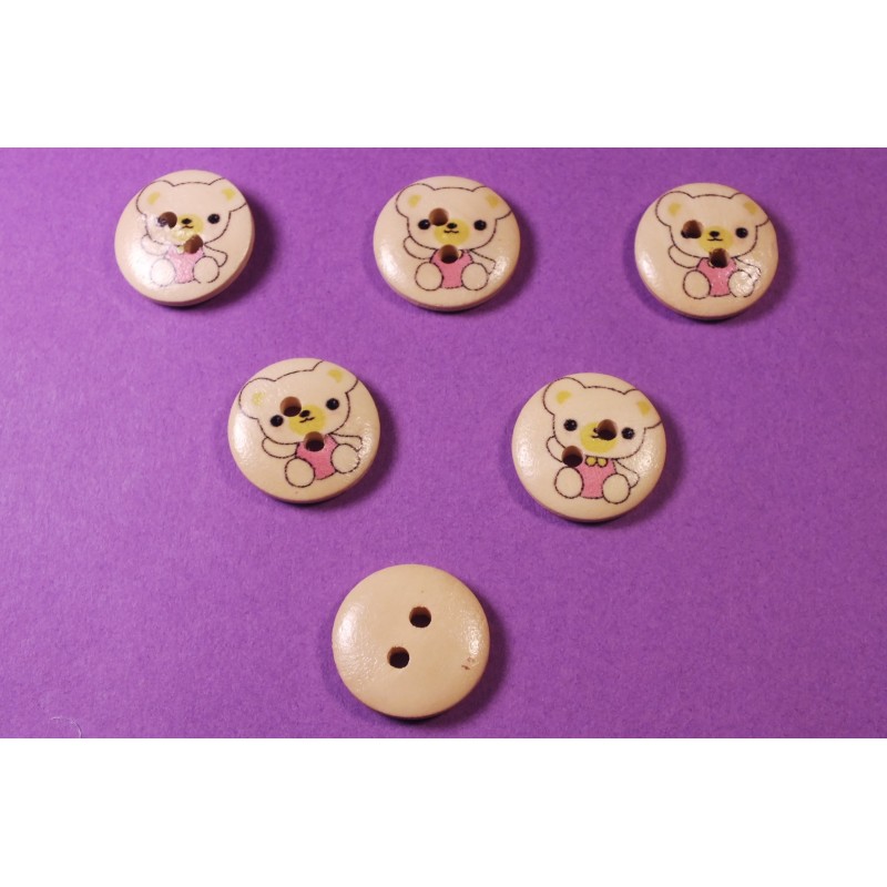 LOT 6 BOUTONS BOIS : rond motif ourson 15mm (04) 