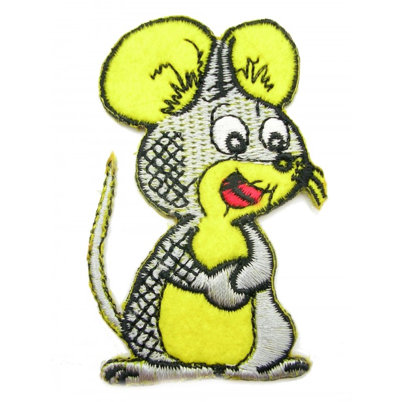 APPLIQUE TISSU THERMOCOLLANT : souris grise/jaune 70 x40mm 