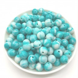 LOT 25 PERLES ACRYLIQUES : rondes marbrées bleu turquoise/blanches 8mm (01) 