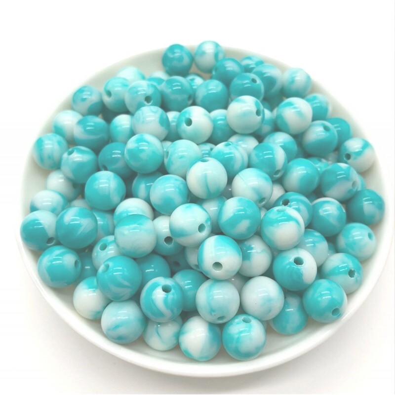 LOT 25 PERLES ACRYLIQUES : rondes marbrées bleu turquoise/blanches 8mm (01) 