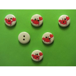 LOT 6 BOUTONS BOIS : rond thème animaux marins crabe 15mm (01) 