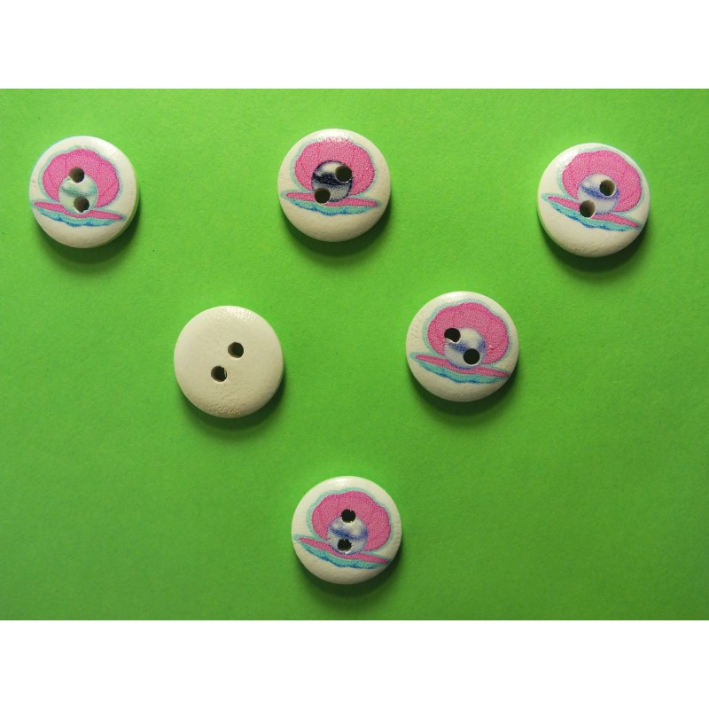 LOT 6 BOUTONS BOIS : rond thème animaux marins coquille 15mm (03) 