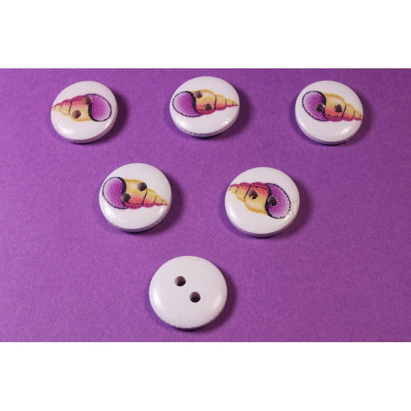 LOT 6 BOUTONS BOIS : rond thème animaux marins coquillage15mm (12) 