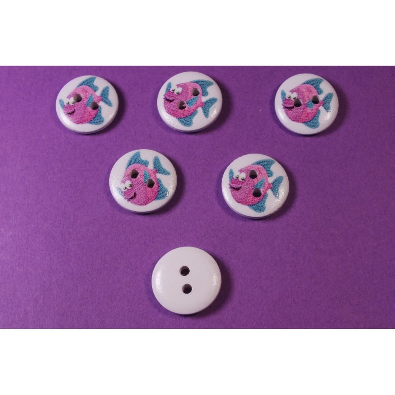 LOT 6 BOUTONS BOIS : rond thème animaux marins poisson 15mm (11) 