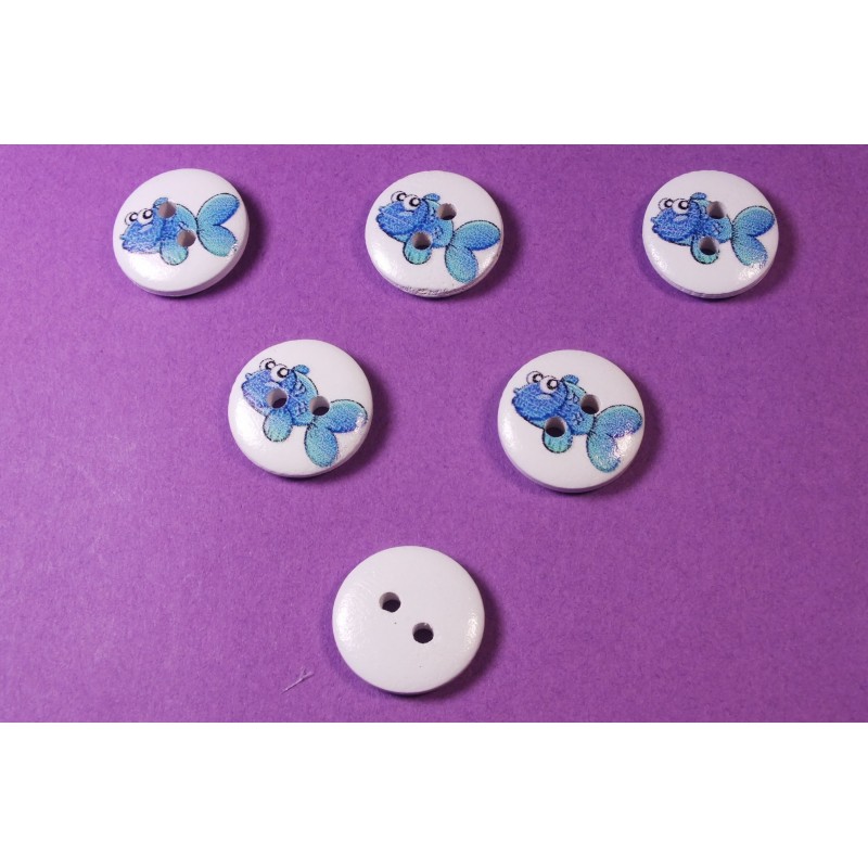 LOT 6 BOUTONS BOIS : rond thème animaux marins poisson 15mm (10) 