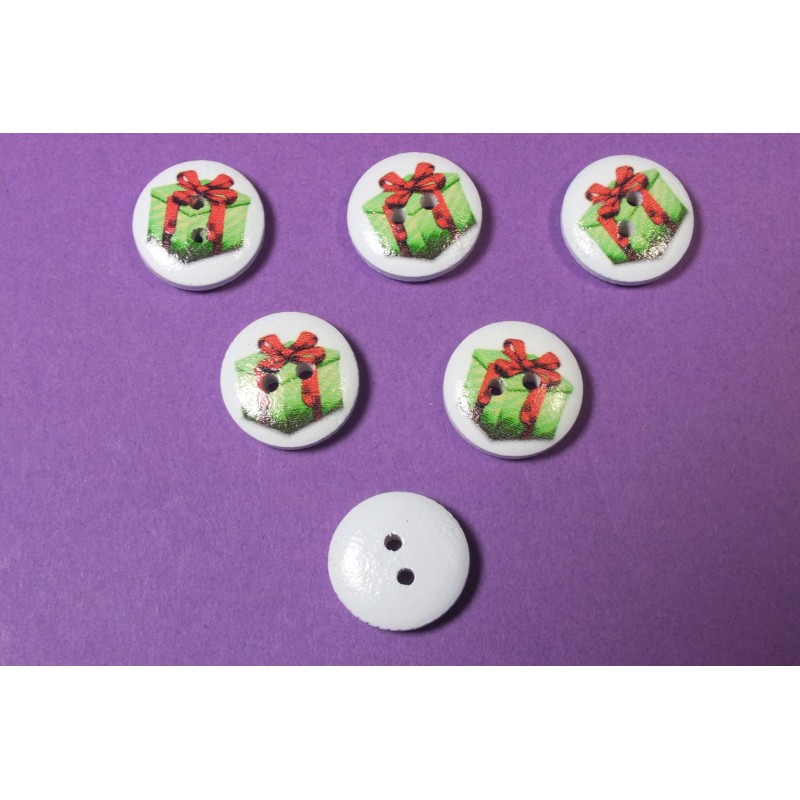 LOT 6 BOUTONS BOIS : rond motif Noêl cadeau 15mm (04) 