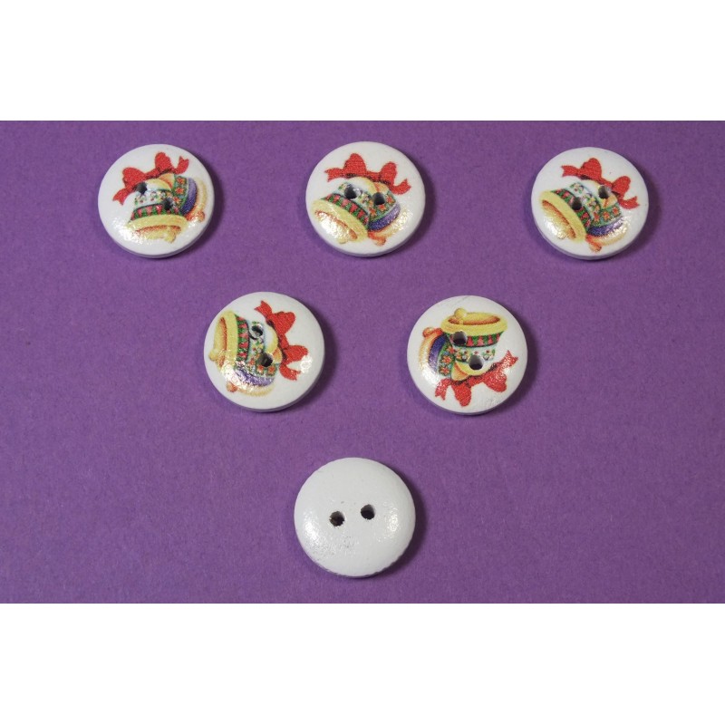 LOT 6 BOUTONS BOIS : rond motif Noêl cloche 15mm (09) 