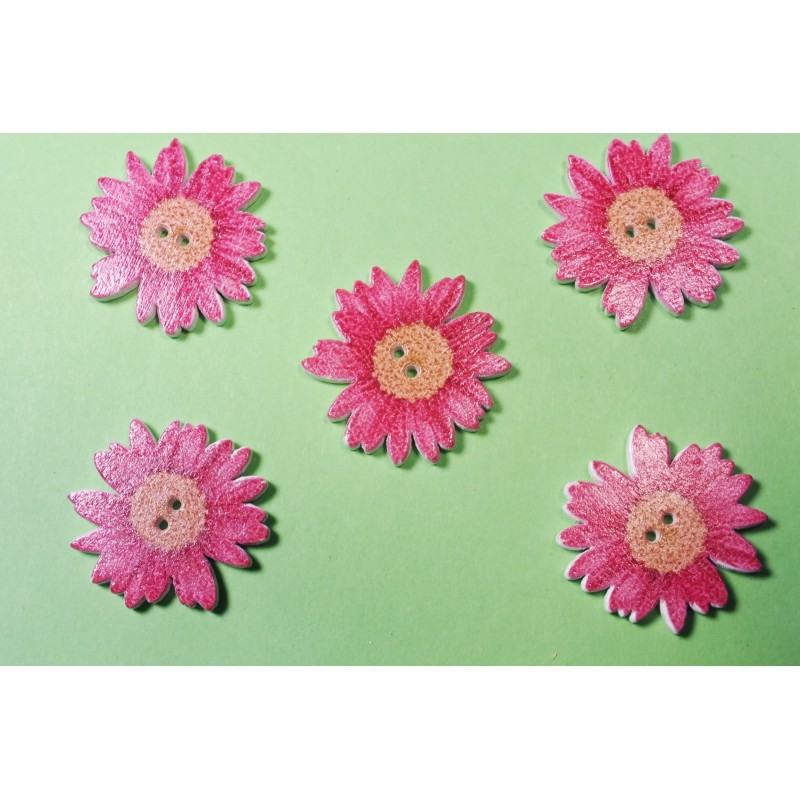 LOT 5 BOUTONS BOIS : marguerite rose fonçé 2.5cm (01) 
