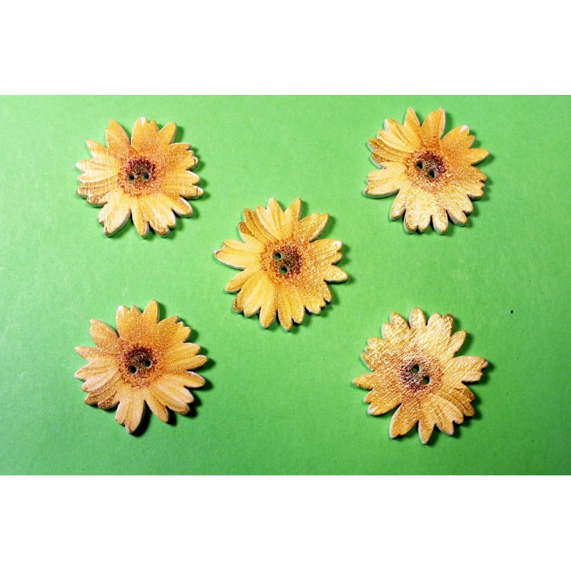 LOT 5 BOUTONS BOIS : marguerite jaune 2.5cm (01) 