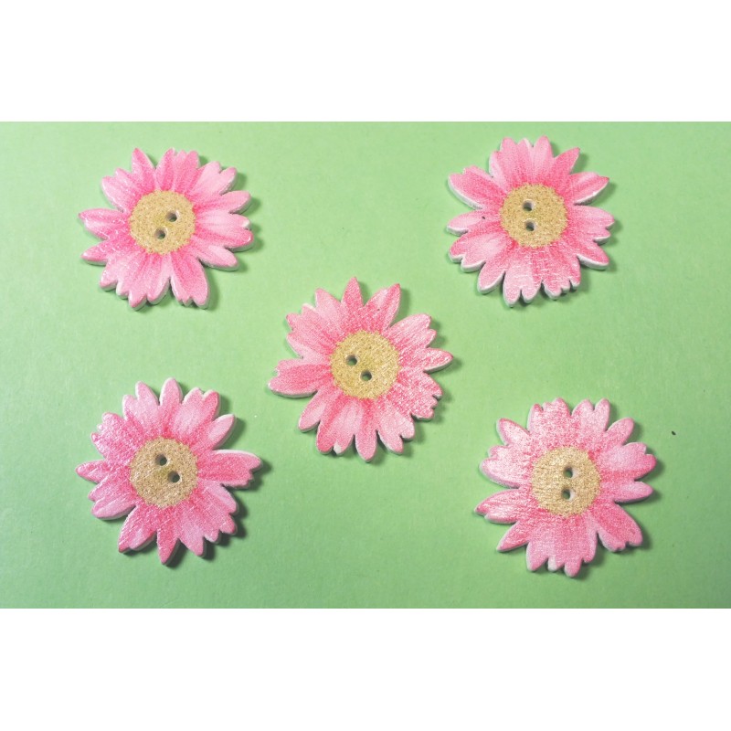 LOT 5 BOUTONS BOIS : marguerite rose clair 2.5cm (01) 