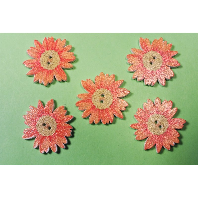 LOT 5 BOUTONS BOIS : marguerite orange 2.5cm (01) 