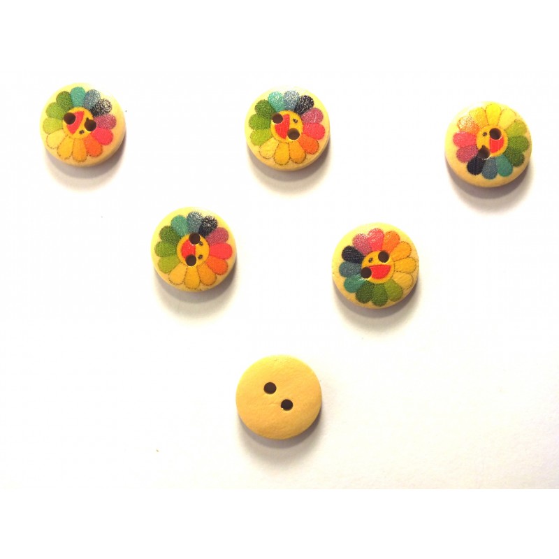 LOT 6 BOUTONS BOIS : rond motif fleur 15mm (73) 