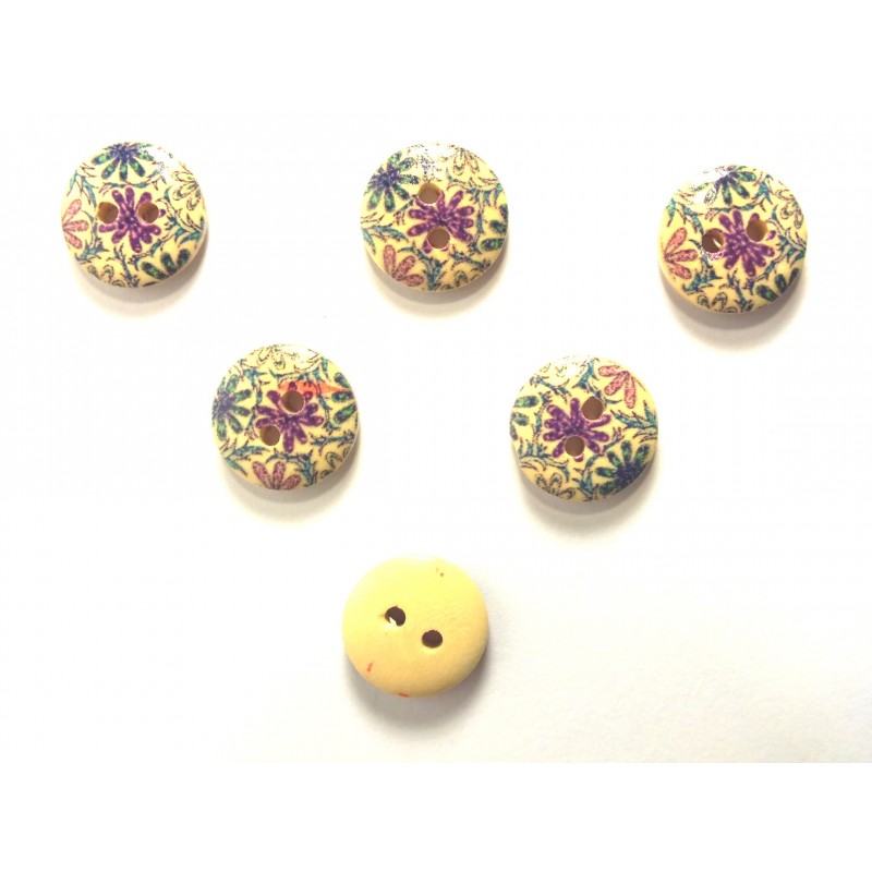 LOT 6 BOUTONS BOIS : rond motif fleur 15mm (74) 