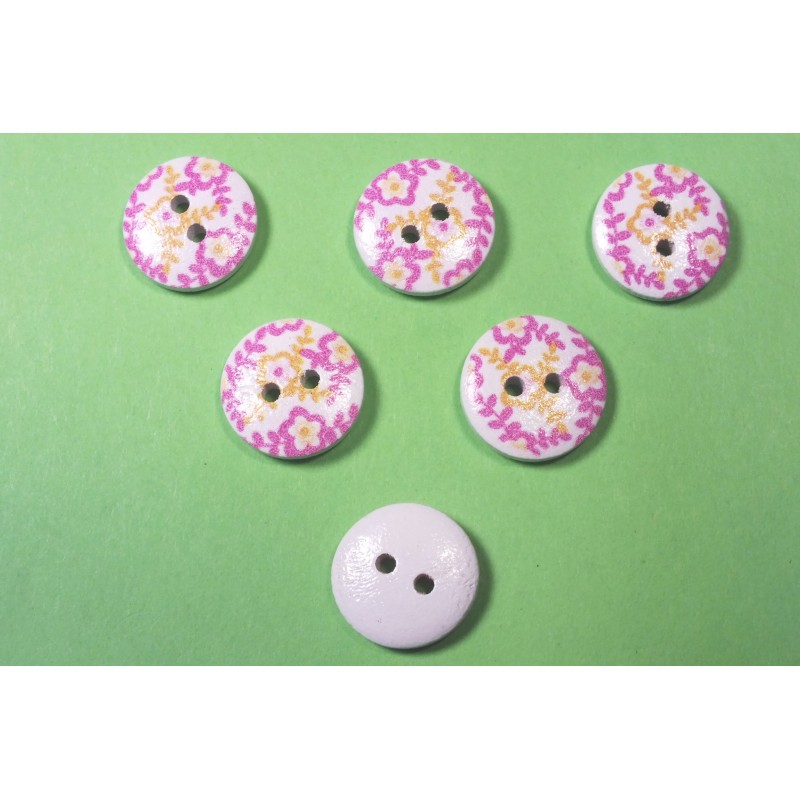 LOT 6 BOUTONS BOIS : rond motif fleur 15mm (79) 