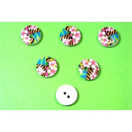 LOT 6 BOUTONS BOIS : rond motif fleur 15mm (84) 