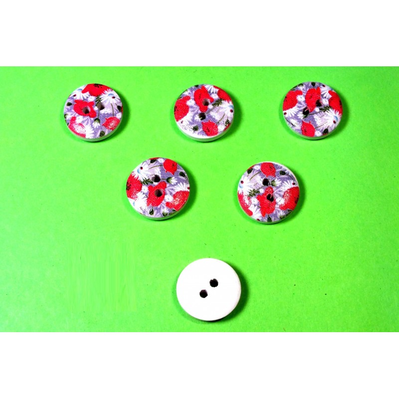 LOT 6 BOUTONS BOIS : rond motif fleur 15mm (85) 