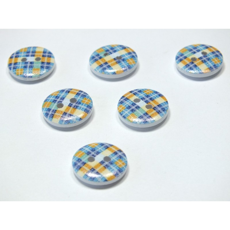 LOT 6 BOUTONS BOIS : rond motif écossais 15mm (26) 