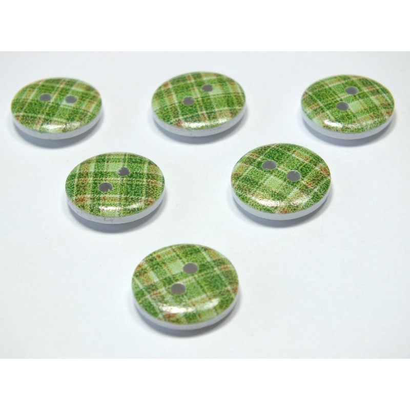 LOT 6 BOUTONS BOIS : rond motif écossais 15mm (27) 