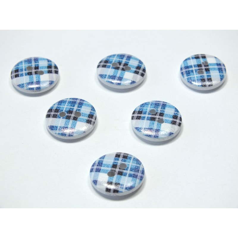 LOT 6 BOUTONS BOIS : rond motif écossais 15mm (28) 
