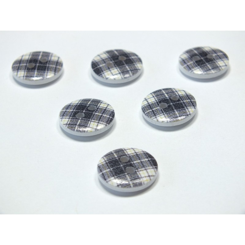 LOT 6 BOUTONS BOIS : rond motif écossais 15mm (32) 