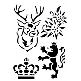 POCHOIR PLASTIQUE  26*18cm : lion, cerf, couronne et fleur 