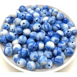 LOT 25 PERLES ACRYLIQUES : rondes marbrées bleues/blanches 8mm (01) 
