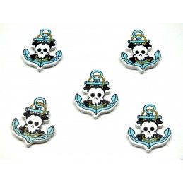 LOT 5 BOUTONS BOIS : Pirate ancre bleue 26*21mm 