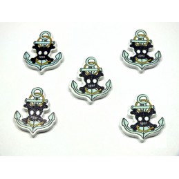 LOT 5 BOUTONS BOIS : Pirate ancre verte 26*21mm 