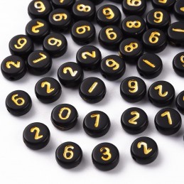 PERLES ACRYLIQUES : 100 rondes noires avec chiffres dorés 7mm 