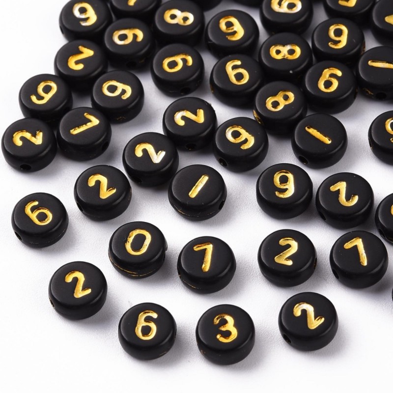 PERLES ACRYLIQUES : 100 rondes noires avec chiffres dorés 7mm 