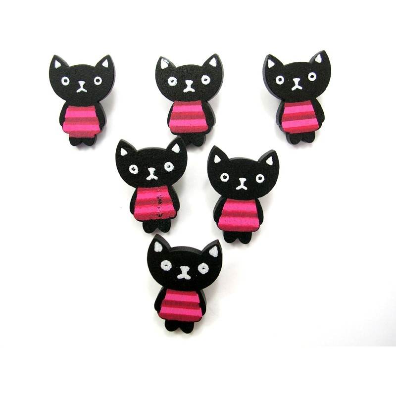 LOT 6 BOUTONS BOIS : chat noir 24*18mm (01) 