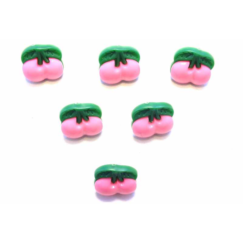 LOT 6 BOUTONS ACRYLIQUES : cerise rose clair/verte 12mm (03) 