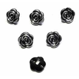 LOT 6 BOUTONS ACRYLIQUES : forme rose transparente noir et argenté 13mm (01) 
