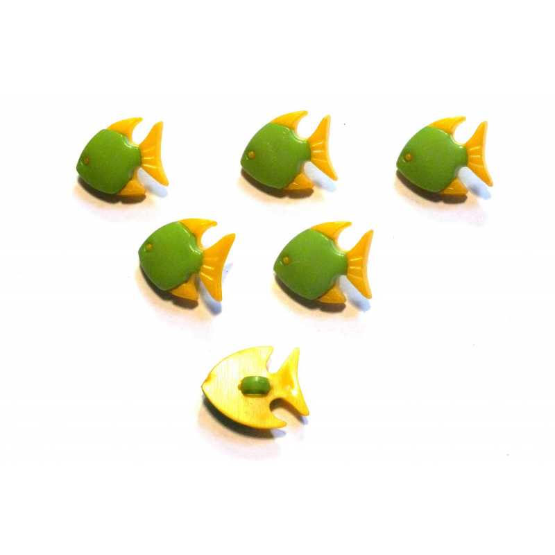 LOT 6 BOUTONS ACRYLIQUES : poisson vert/jaune 17*14mm (01) 