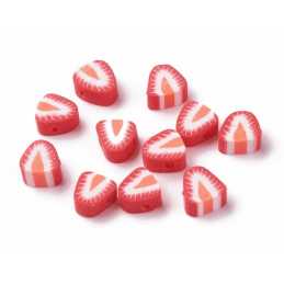 LOT 50 PERLES argile polymère : fraise rouge/blanche 10*9mm (01) 